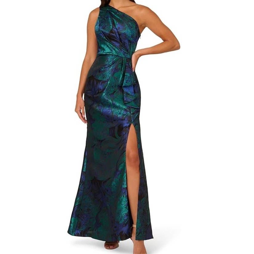 Adrianna Papell One Shoulder Jacquard Gala Formal Gown Size 14 Blue Teal Wedding